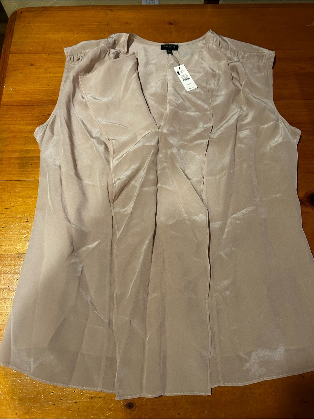 Talbots NWT 100% tan Silk Top Ruffle front removable tie at waist 16W sleeveless